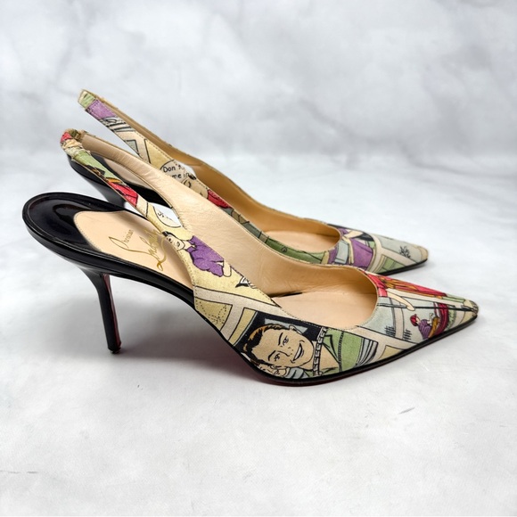 Christian Louboutin Vintage Retro Comic Print Slingback Pointed Toe Pumps Heels - Picture 2 of 15